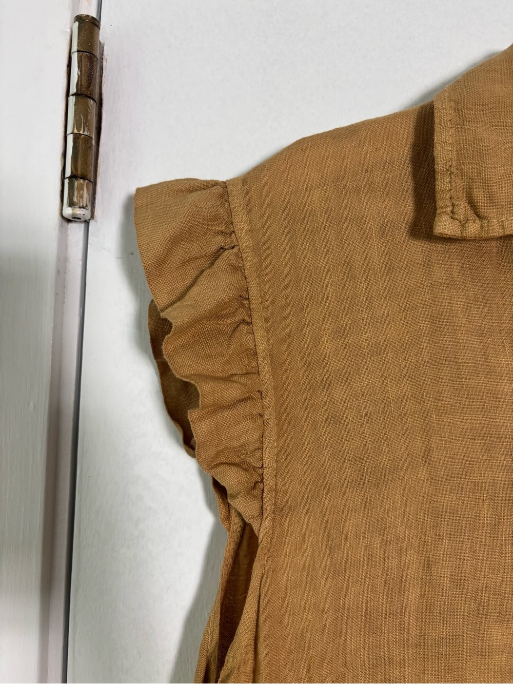 Meo Meli Italian Linen Dress M/L Camel Button Front Eyelet Trim Lagenlook Boho - Picture 5 of 10
